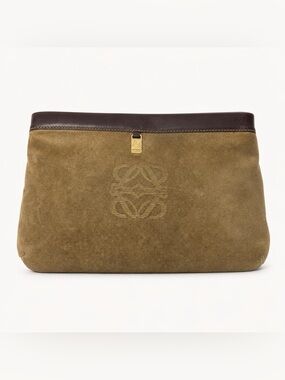 Vintage Loewe Suede Leather-Trim Brown Clutch Bag